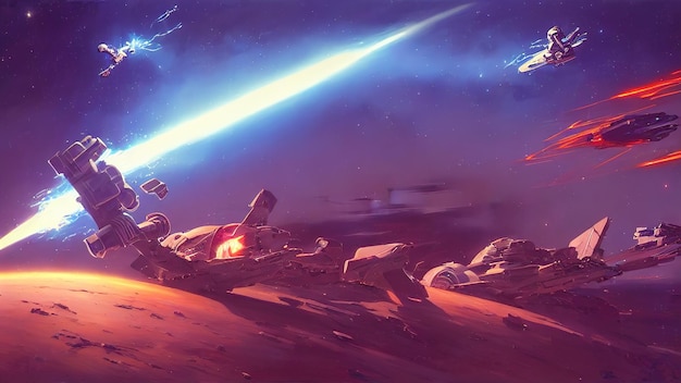 space battle spaceships are fighting shooting from laser guns explosions and sparks destroyed the spaceship 3d illustration