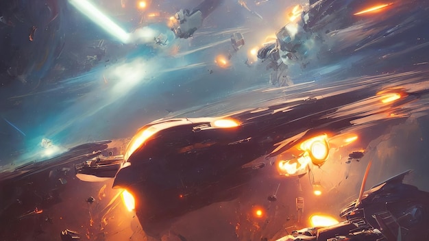 Space battle of spaceships and battle cruisers laser shots\
sparks and explosions space fighters are attacking a military base\
3d illustration