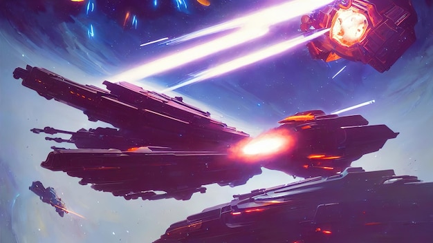 Space battle of spaceships and battle cruisers laser shots sparks and explosions Space fighters are attacking a military base 3d illustration