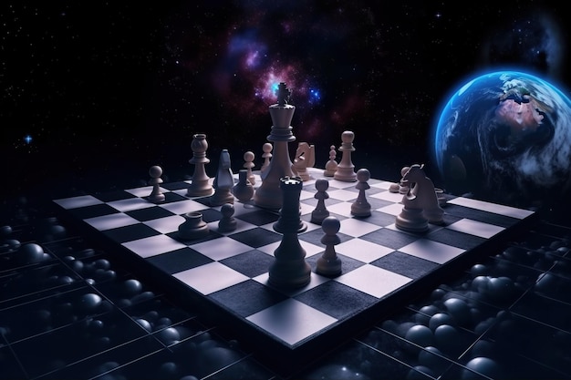 Space board intellectual game chess Game positions of figures AI generated