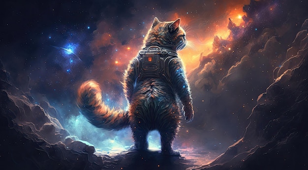 Space Cat in space Godlike creature cosmic awe inspiring dreamy digital illustration Generative ai