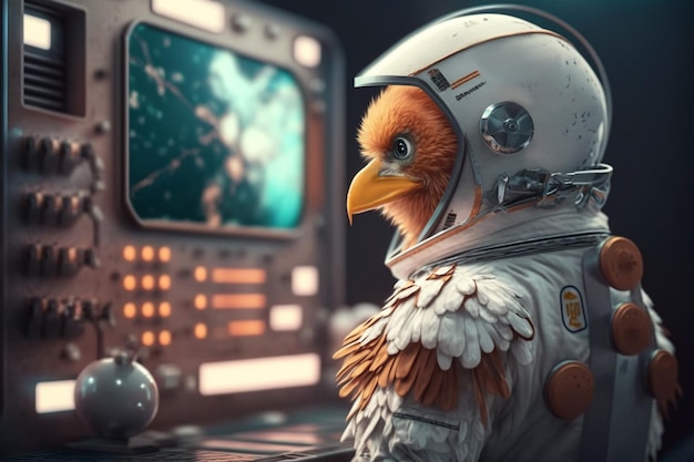 The Space Chicken A Funny Astronaut in a Space Station Control Room