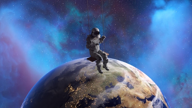 Space concept The astronaut swings on a swing against the backdrop of space and the planet Earth 3d illustration