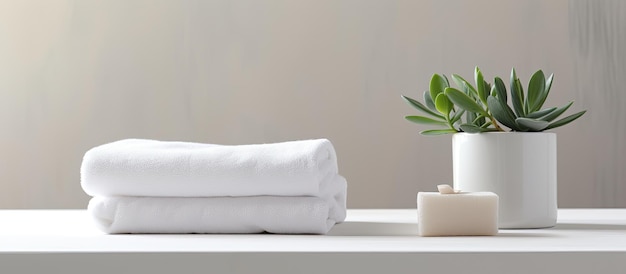 Space for copy with a white tabletop featuring white towels and a houseplant