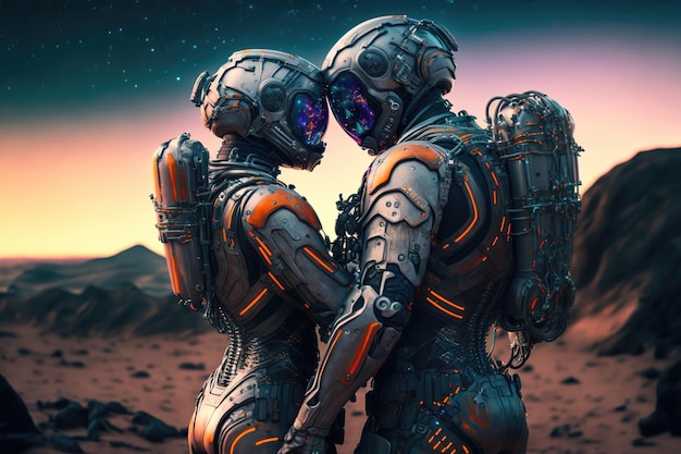 Space cyborgs love Valentines day Cyber Astronauts hug relationship Cyberpunk