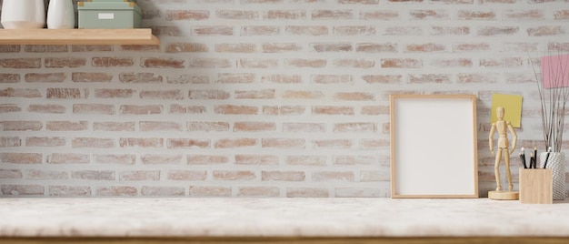 Photo a space for display products on a white marble tabletop features decor against the brick wall