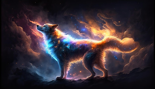 Space Dog in space Godlike creature cosmic awe inspiring dreamy digital illustration Generative ai