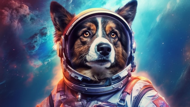 「宇宙犬」というキャプションが付いた宇宙服を着た宇宙犬。