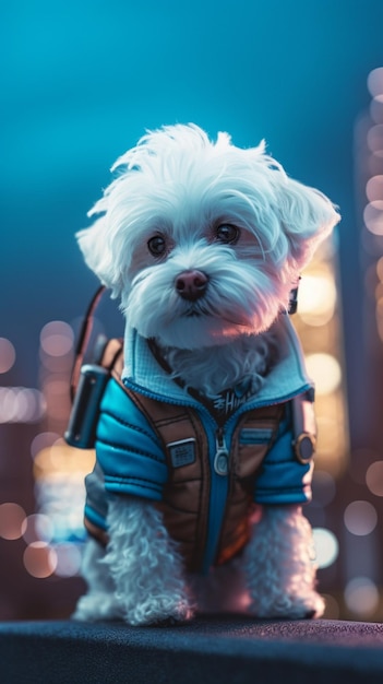 A space dog wearing a space suit sits on a ledge.