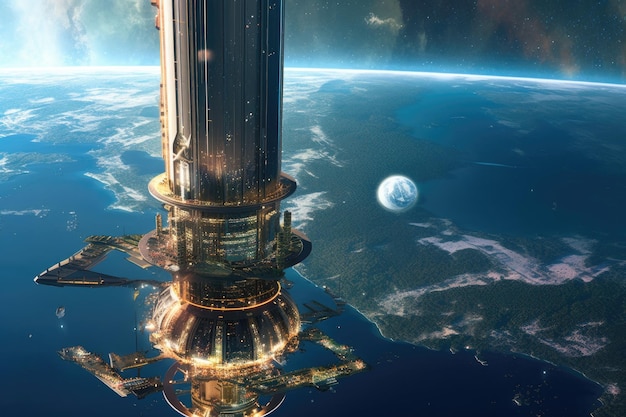 Space elevator connecting earth to habitat created with generative ai