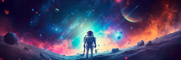 Photo space exploration scene with a gradient background of cosmic colors generative ai