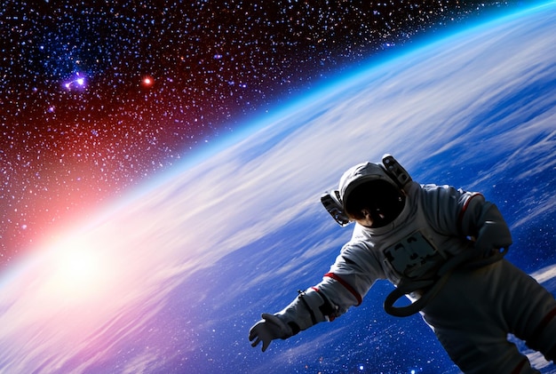 Photo space exploration with astronauts and distant galaxies backgrounds