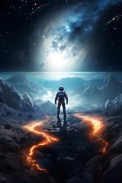 A space explorer standing on the edge of a cosmic abyss realistic photo