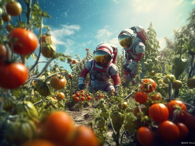 space farmers growing seed on tomato farm future agriculture concept