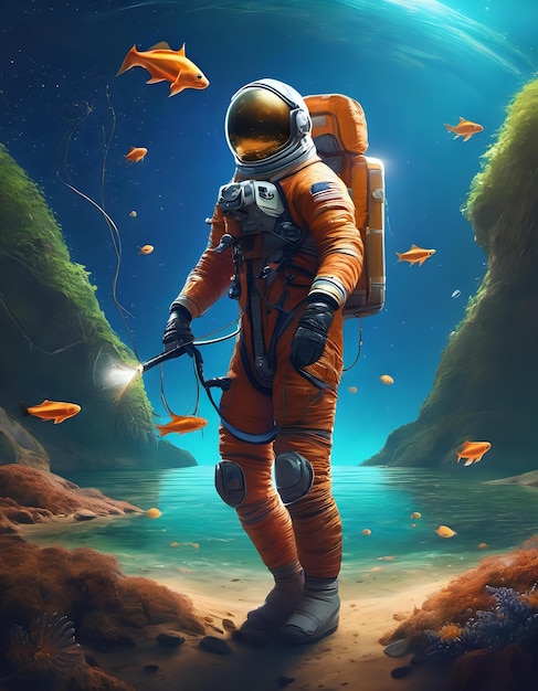 海星を捕まえる宇宙飛行士との宇宙釣り旅行