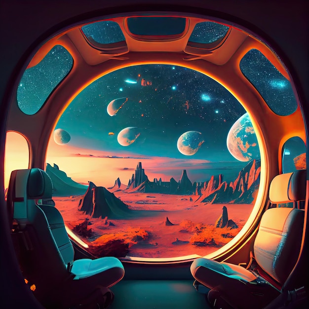 Photo space full of stars and planets auto with scifi futuristic interior created with generative ai