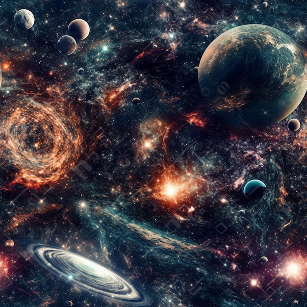 A space galaxy with planets and stars in the background.