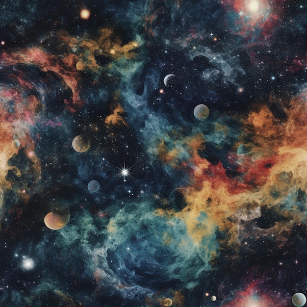 A space galaxy with stars and planets in the background.