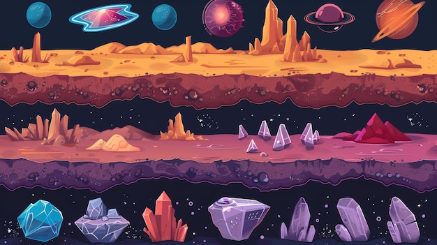 スペースゲーム 白い背景に隔離された地面層と資産 無縫の土層の漫画画像 ネオン物質の岩の表面 裂の砂漠 結晶と宇宙船