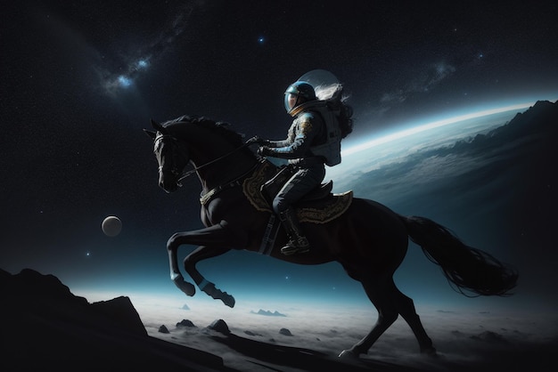 Space horse with a female astronaut running in space Generative AI