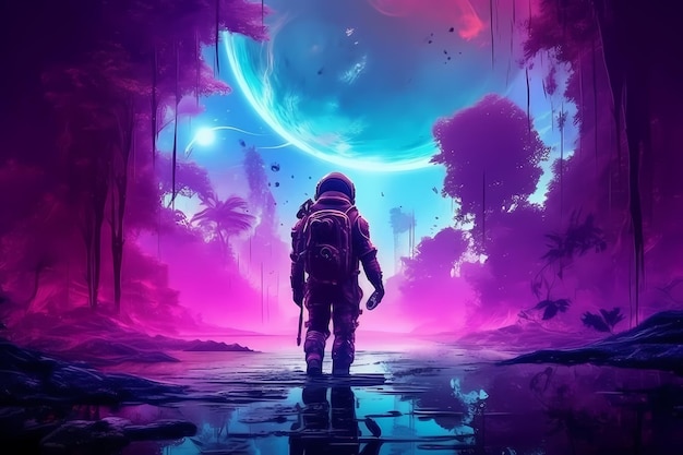 Space illustration of science fiction scene showing surreal astronaut in neon lit swampy forest on water planet psychedelic jungle astronaut retrowave generative ai