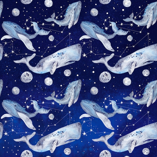 Space illustration with stars fishes and planets