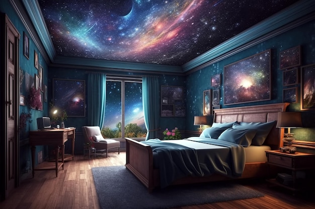 Space inside the bedroom interior Fantastic fantasies and dreams of traveling to stars Generative AI illustration