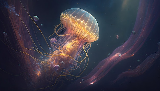 Космическая медуза в космосе Богоподобное существо космический трепет вдохновляет мечтательную цифровую иллюстрацию Generative ai