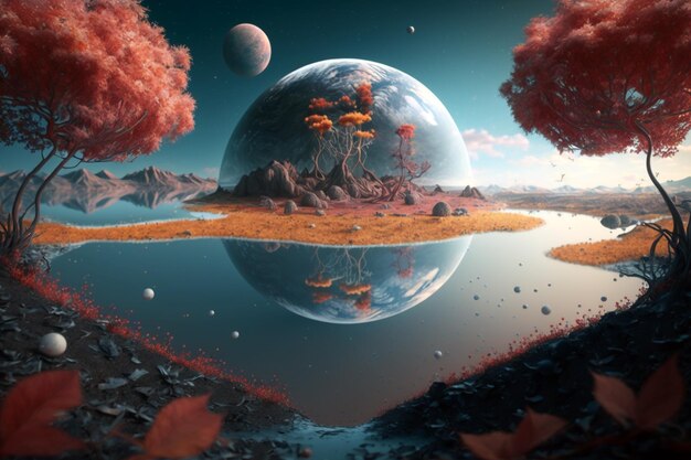 Space landscape deep space beautiful planet with puddle Generative ai concept art