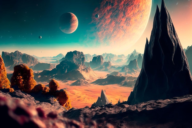 Space landscape view from surface of planet Martian surface of planet fantasy sharp rocks