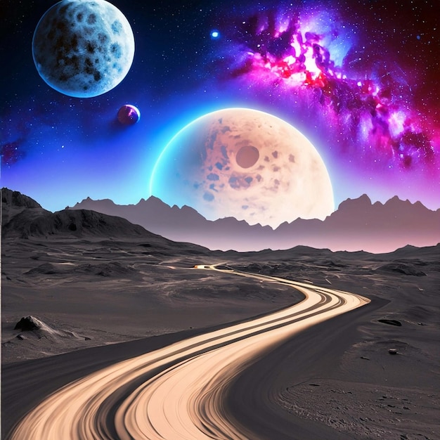 space landscape with road to lunar mountains and galaxies