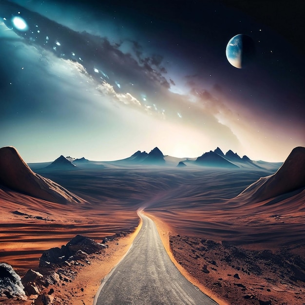 space landscape with road to lunar mountains and galaxies