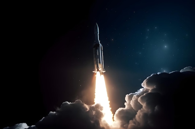 Space launch system takes off on black night sky background neural network generated image