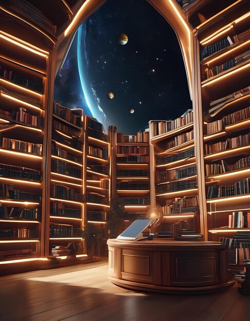 A space library with books floating in zero gravity