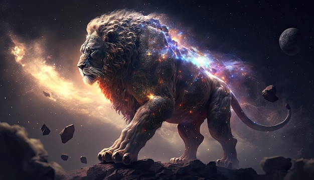 Space Lion in space Godlike creature cosmic awe inspiring dreamy digital illustration Generative ai