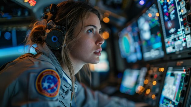 Space Mission Control Specialist monitoring screens