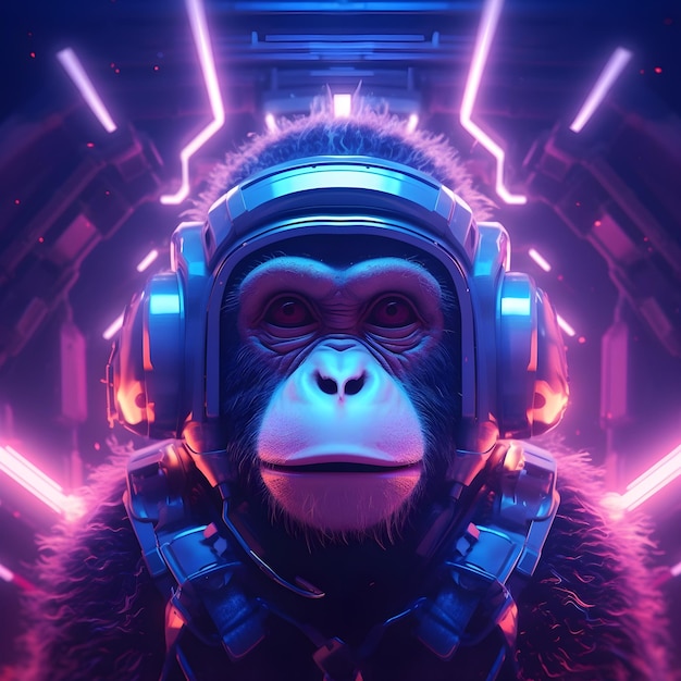 Photo a space monkey in neon lights