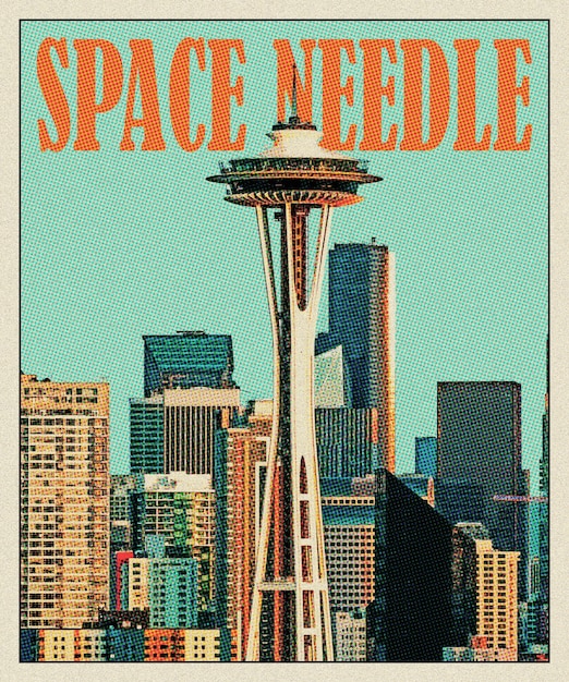 Photo space needle retro travel poster