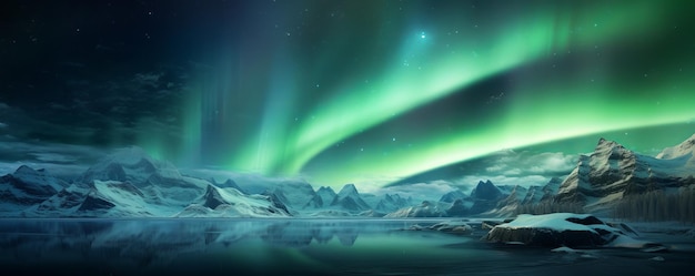 Space Northern lights Night landscape Green light Reflections in the sky AI generation