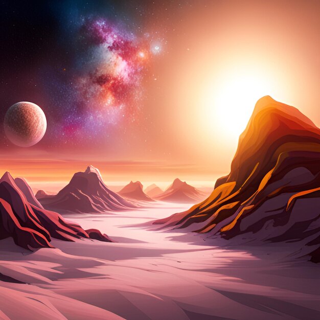 Photo space planets stars nebula galaxy desert dunes alien moons orbits sunrise sunset twiligh