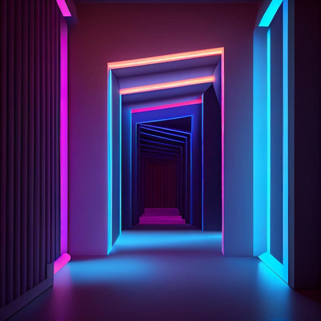 Ai가 생성한 다채로운 LED 조명으로 복도에 있는 제품 쇼케이스를 위한 공간.