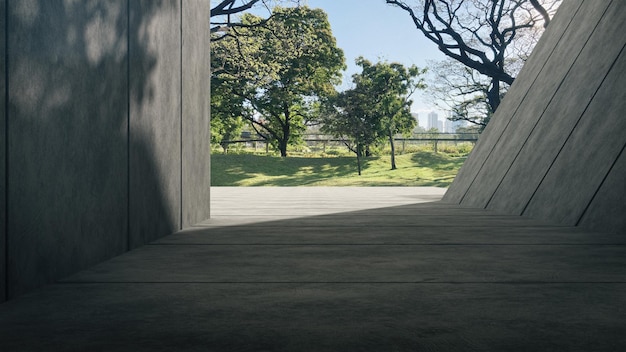 공원 background3D 렌더링이 있는 콘크리트 복도의 제품 쇼케이스 공간
