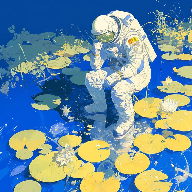 Photo space reflection astronaut pondering in blue vibes