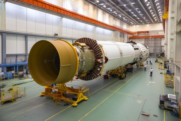 Space rocket assembly plant with engineers working on large spacecraft components for space Premium AI generated image