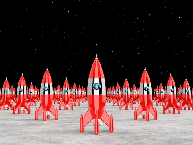 Photo space rocket - a concept of success, leadership, startup, rivalry. 3d rendering.