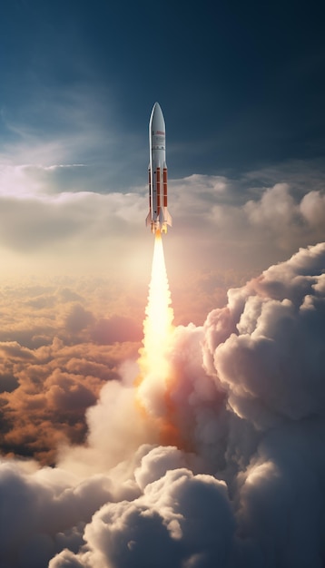 Space Rocket Flying Through Clouds