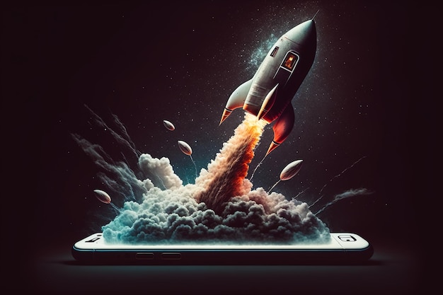 Space rocket launch from smartphone screen with copy space Generative AI