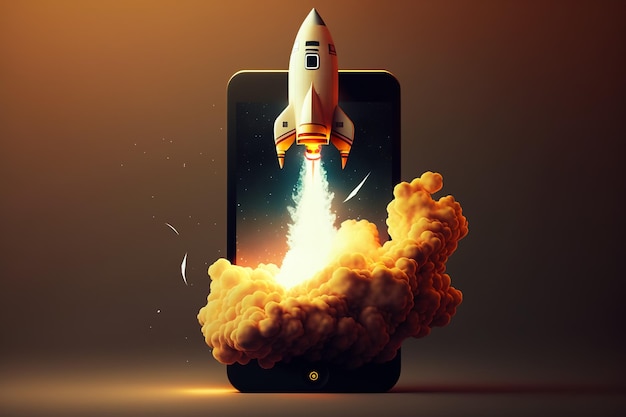 Photo space rocket launch from smartphone screen with copy space generative ai