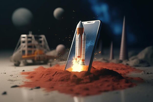 Space rocket and smartphone on blurred space background Generative AI