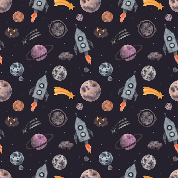 Space rocket and stars Watercolor seamless pattern